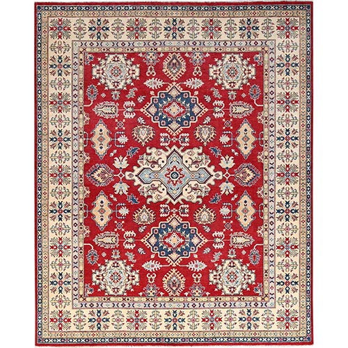 Goji Berry Red, Velvety and Soft Wool, Hand Knotted, Kazak Geometric Motifs Natural Dyes, Densely Woven, Oriental 