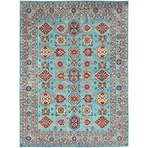 Fanfare Blue, Kazak With Geometric Pattern, Vegetable Dyes and Densely Woven, 100% Wool Hand Knotted Oriental 