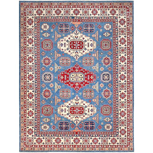 Lichen Blue With Atrium White, Densely Woven All Wool, Hand Knotted Kazak With Triple Medallions, Natural Dyes, Oriental 