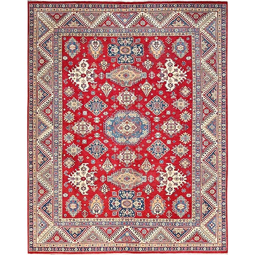 Valiant Poppy Red With Opulence White, Extra Soft Wool, Hand Knotted, Natural Dyes, Denser Weave Kazak with All Over Tribal Motifs, Oriental Rug 