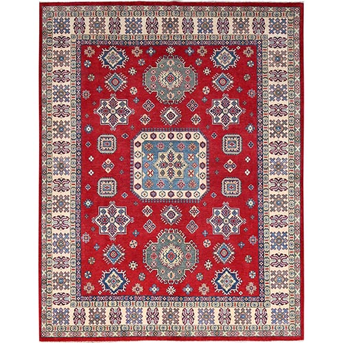 Crimson Red Denser Weave Hand Knotted  Kazak With Tribal Medallion Design Soft And Shiny Wool, Organic Dyes, Oriental 