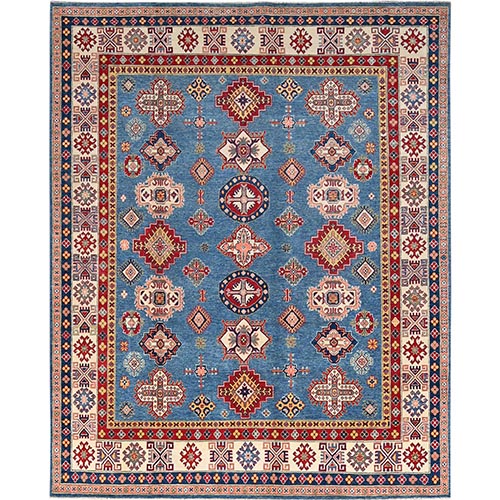 Quite Harbor Blue With Heavenly Pink Border, Hand Knotted Kazak Design With Tribal Medallions Natural Dyes, 100% Wool, Oriental 