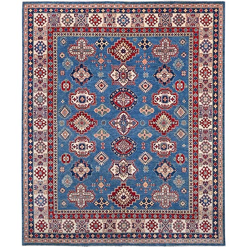 Opal Blue and Feather White Border, Denser Weave, Kazak Hand Knotted Motifs Design, Natural Wool, Vegetable Dyes, Oriental 