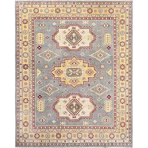 Alfalfa Gray With Cornsilk White, Hand Knotted Kazak Geometric Motifs Design 100% Wool, Densely Woven With Vegetable Dyes, Oriental 