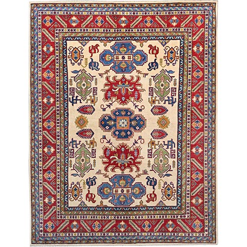 Tofu White, Portia Red Border, Vegetable Dyes, Hand Knotted, Organic Wool, Afghan Kazak with Large Colorful Motifs, Oriental 