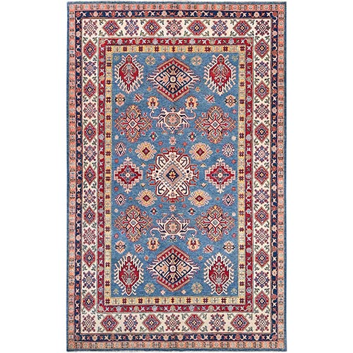 Carolina Blue With Decorators White, Hand Knotted Denser Weave, Vibrant Pure Wool and Natural Dyes, Kazak with Small Geometric Motifs, Oriental 