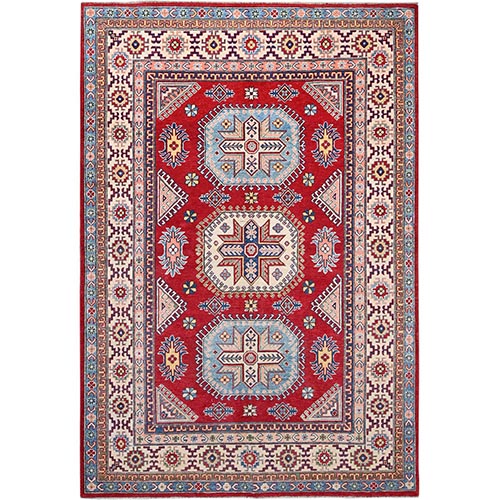 Toreador Red With Arcade White, Hand Knotted Vegetable Dyes, Kazak Denser Weave With Large Elements, Extra Soft Wool Oriental 