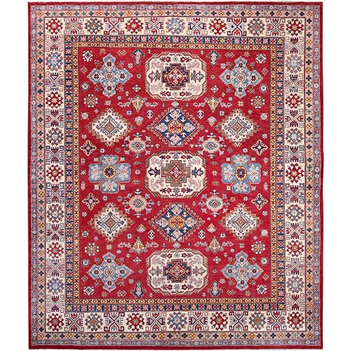 Candy Red, Muslin White Border Pure Wool, Denser Weave, Vegetable Dyes, Kazak Hand Knotted Geometric Motifs Design, Oriental 