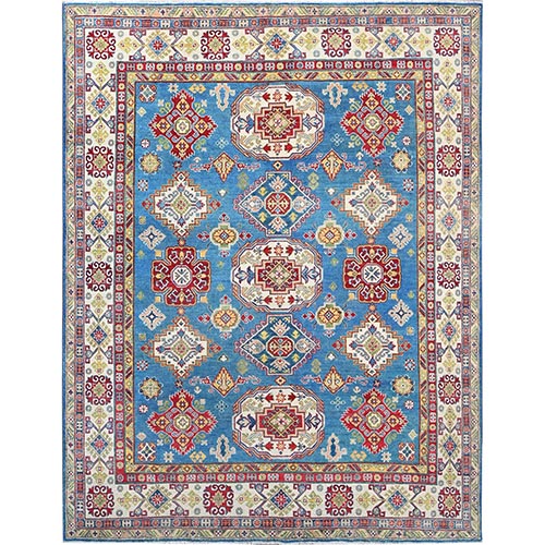 Navagio Bay Blue With Opulence White, Kazak and All Over Design, Extra Soft Wool, Denser Weave, Vegetable Dyes, Hand Knotted Oriental 