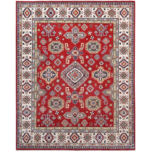 Geranium Red and Bistro White, Hand Knotted Vegetable Dyes, Organic Wool Kazak with All Over Medallions, Oriental 