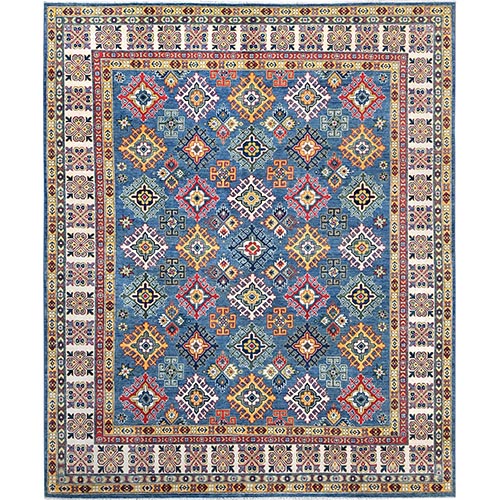 Horizon Blue, Kazak with All Over Geometric Pattern Natural Dyes, Vibrant Wool Hand Knotted, Oriental 