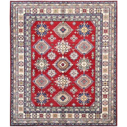 Valiant Poppy Red and Egret White, 100% Wool Denser Weave, Vegetable Dyes, Kazak with All Over Colorful Medallions, Hand Knotted, Oriental 