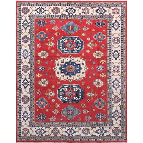 Ruby Red, Vegetables Dyes, Denser Weave, Hand Knotted Organic Wool, Kazak Large Motifs Design, Oriental 