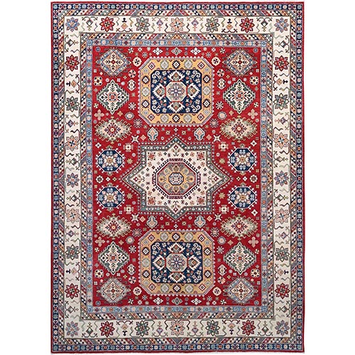 Rufous Red, Snowbound White Border, Kazak with Large Medallions, Vegetable Dyes, Soft Pure Wool, Hand Knotted, Oriental 