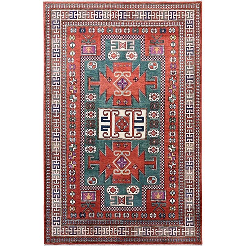 Brick Red, Hand Knotted Pure Wool, Kazak with Geometric Elements, Natural Dyes Densely Woven, Oriental 