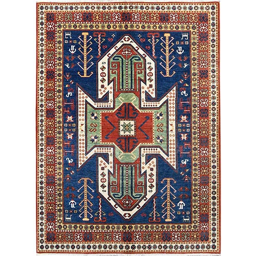 Chatham Blue With Crab Red Border, Antiqued Caucasian Swan Design, Kazak With Small Animal and Human Figurines, Vegetable Dyes, Hand Knotted Denser Weave, All Wool, Oriental 