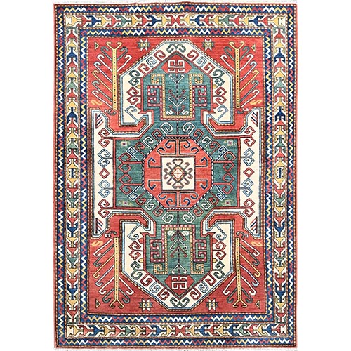 Ketchup Red, Regal Blue Border, Antiqued Kazak With Caucasian Swan Design, Shiny Wool, Hand Knotted, Large Motif, Oriental 