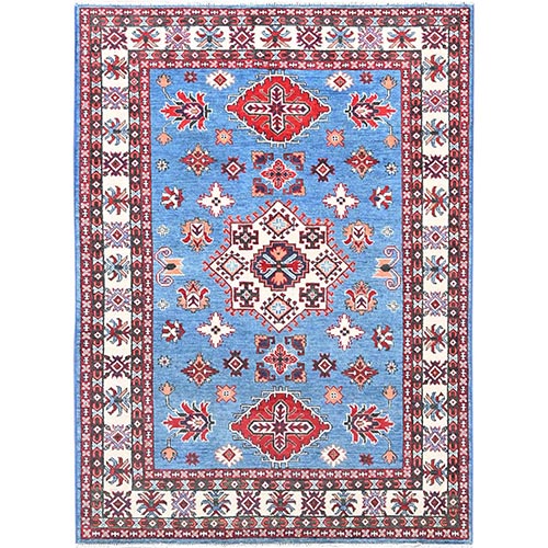 Chetwode Blue and Oyster White, Kazak Soft Organic Wool Hand Knotted, Denser Weave, Vegetable Dyes Oriental Rug 