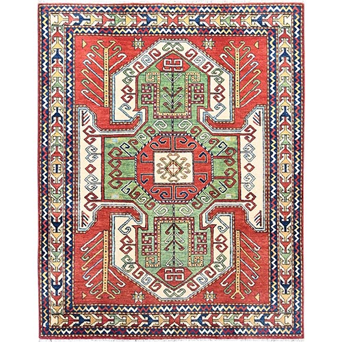 Auburn Red With Bistro White, Densely Woven, Antiqued Kazak Hand Knotted Caucasian Swan Design, Soft and Velvety Wool, Natural Dyes, Oriental 