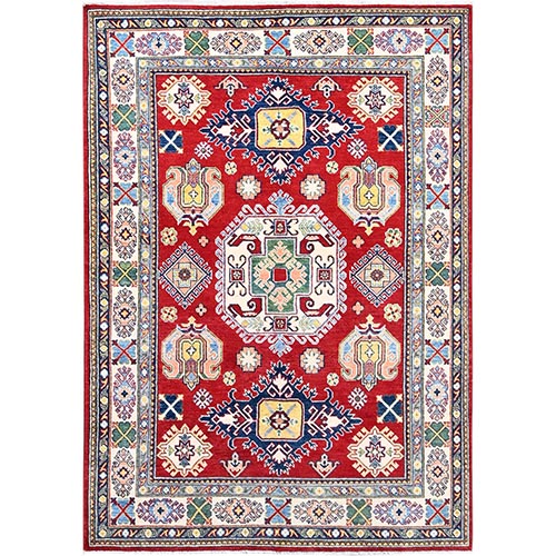 Cayenne Red, Vegetable Dyes, Kazak Colorful Geometric Medallions Hand Knotted Denser Weave, Natural Wool, Oriental 