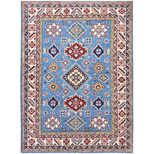 Cornflower Blue and Promenade White, Soft and Shiny Wool, Hand Knotted Kazak with Tribal Medallions Design, Natural Dyes and Denser Weave, Oriental Rug 