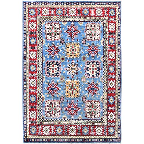 Quilt Blue With Hot Ember Red, Kazak Throughout Geometric Design, Vegetable Dyes and Extra Soft Wool, Hand Knotted Oriental 