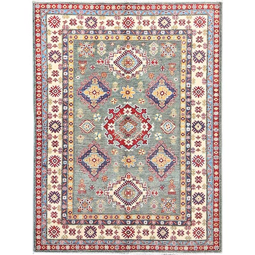 Smoke Green and Kestrel White Border, Densely Woven Hand Knotted Kazak Design, Vegetable Dyes 100% Wool, Oriental 