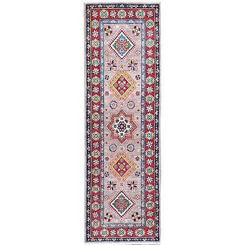 Violet Gray with Red Border, Hand Knotted Kazak Geometric Medallions, Vegetable Dyes and Denser Weave, Runner 100% Wool Oriental 