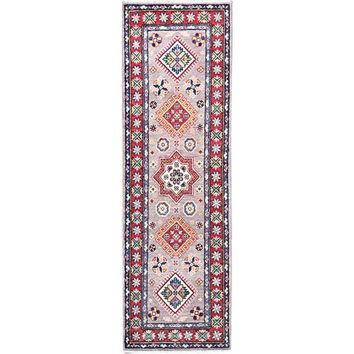 Limestone Gray, Kazak with Geometric Elements Natural Dyes, Pure Wool Hand Knotted, Denser Weave Oriental Runner Rug 