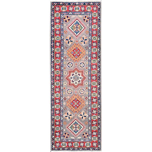 Frost Gray With Red Border, Denser Weave Organic Wool, Hand Knotted Kazak with Tribal Geometric Medallions, Vegetable Dyes, Runner Oriental 