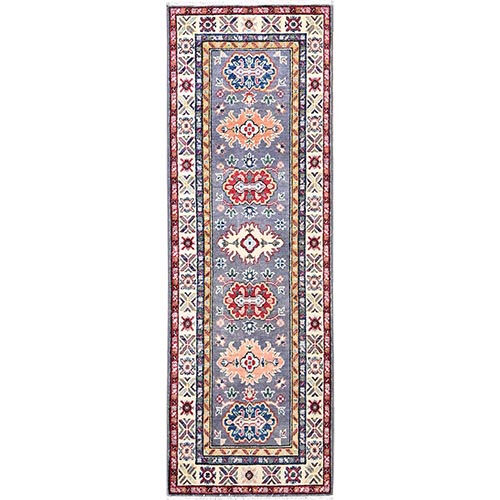 Alloy Gray With Burnt Peanut Red Border, Natural Wool Hand Knotted Kazak with Large Medallions, Vegetable Dyes Densely Woven, Runner Oriental 