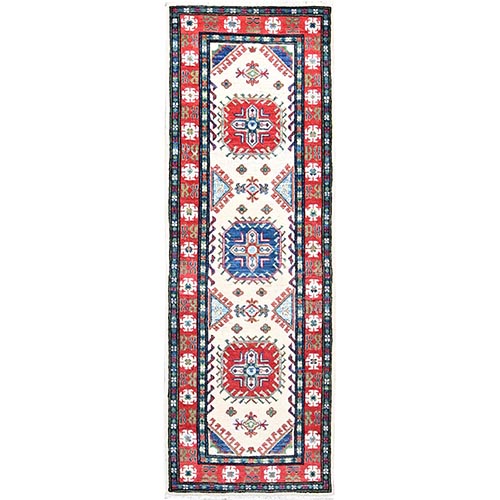 Winter White, All Wool, Densely Woven, Large Triple Medallions, Natural Dyes, Kazak, Hand Knotted Runner Oriental Rug
