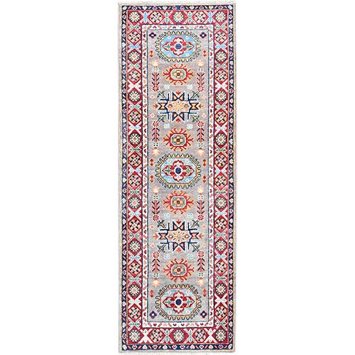 Lavender Gray With Hopscotch Red, All Over Motifs, Natural Dyes, Kazak Denser Weave and Tribal Medallion Design Extra Soft Wool Oriental Hand Knotted Runner Rug