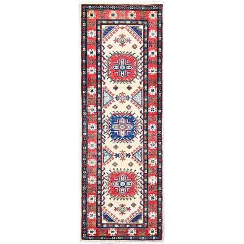 Papyrus White, Natural Dyes Densely Woven Shiny Wool Hand Knotted, Kazak with Tribal Medallions, Oriental Runner Rug