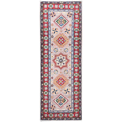 Dusty Gray With Crimson Red, Kazak Geometric Pattern, Vegetable Dyes, Pure Wool Hand Knotted Densely Woven Oriental Rug