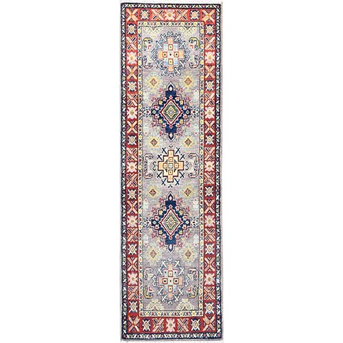 Gentle Gray With Carmine Red, Densely Woven Hand Knotted Kazak, Medallion Design, Vegetable Dyes Extra Soft Wool, Oriental Runner Rug