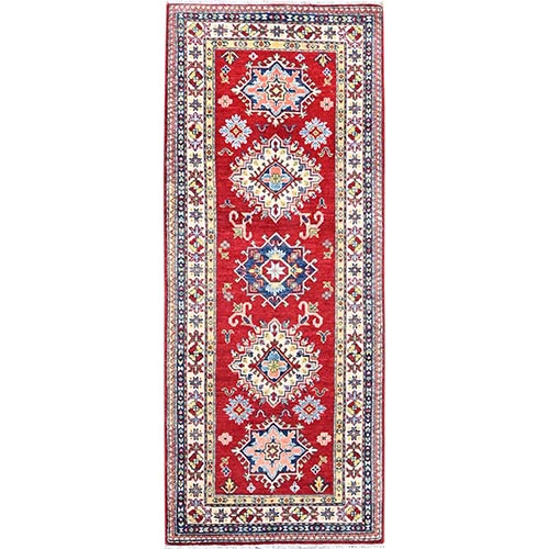 Cardinals Red With Divine White, Kazak Denser Weave Hand Knotted, Pure Wool Geometric Design, Natural Dyes, Oriental Runner Rug