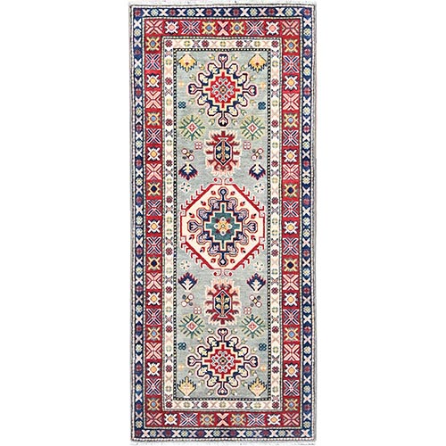 Tint Green With Ajax Red, Hand Knotted Geometric Kazak 100% Wool, Densely Woven, Natural Dyes, Runner Oriental Rug