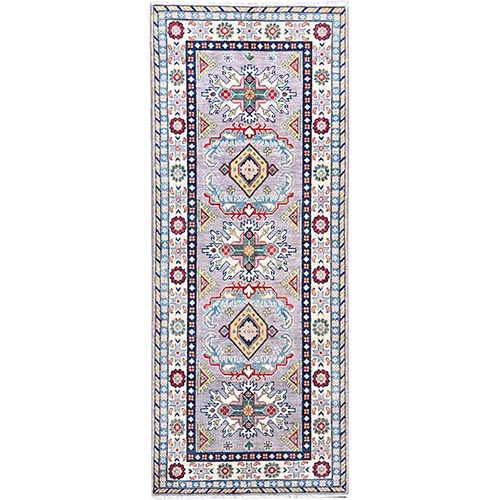 Purple Gray, Vibrant Wool and Densely Woven, Hand Knotted Kazak Geometric Elements, Natural Dyes, Runner Oriental Rug