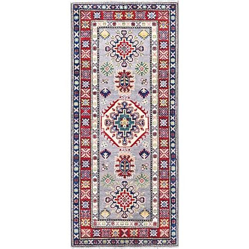 Gainsboro Gray And Scarlet Red Border Tribal Medallions, Densely Woven, Pure And Vibrant Wool, Oriental Kazak Hand Knotted Runner Rug