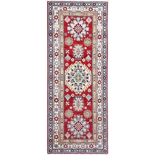 Turkey Red And Porcelain White With Tribal Medallions Design All Over Hand Knotted Denser Weave 100% Wool Kazak Runner Oriental Rug