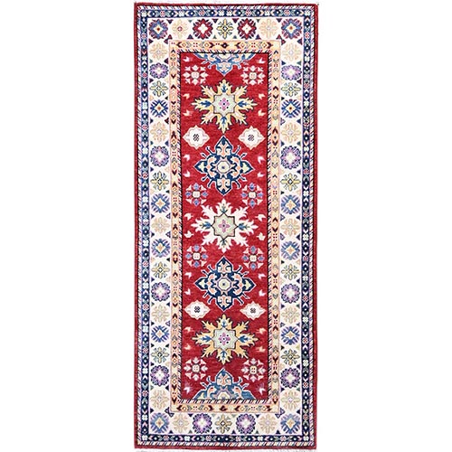 Cornell Red Soft And Velvety Wool Kazak Geometric Patterns Densely Woven Hand Knotted Runner Oriental Rug