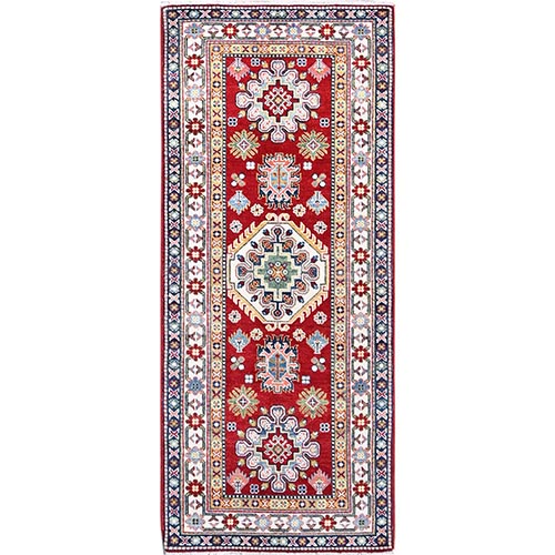Cherry Red With Vibrant Medallions All Over Denser Weave Soft And Shiny Wool Hand Knotted Oriental Kazak Runner Rug