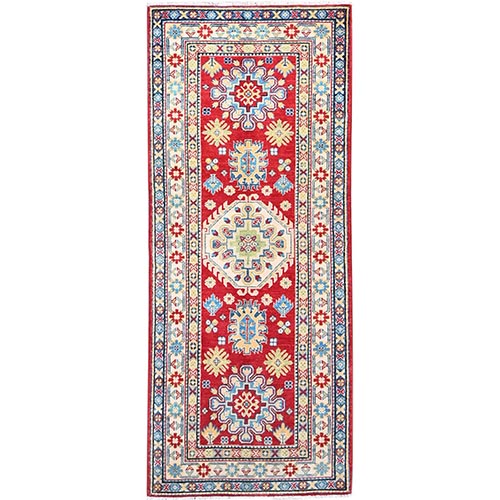 Persian Red Pure And Soft Wool Geometric Medallions Oriental Densely Hand Knotted Weave Kazak Runner Rug