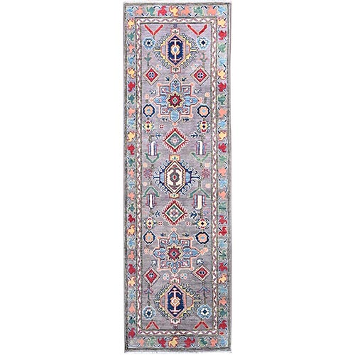 Revere Pewter Gray, Afghan Kazak With Colorful Elements, Vibrant Border, Denser Weave, Hand Knotted All Natural Wool, Runner Oriental Rug