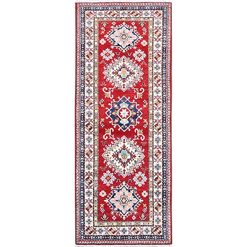 Tomato Sauce Red, Densely Weave, Soft And Vibrant Wool, Kazak Geometric Medallions Hand Knotted, Runner Oriental 