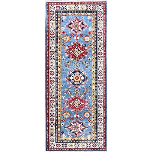 Crystal Teal Blue With Multicolor Border, Natural Dyes, Kazak, Vibrant Geometric Medallions, Hand Knotted, Denser Weave, Soft And Shiny Wool Oriental Runner Rug