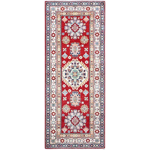 Lychee Red, Denser Weave Hand Knotted Kazak Tribal Elements All Over Natural Dyes Organic Wool Oriental Runner Rug