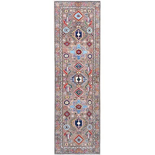 Cinereous Gray, Medallions All Over, Tribal Elements All Over Vegetable Dyes Hand Knotted Natural Wool Hand Knotted Oriental Runner Rug