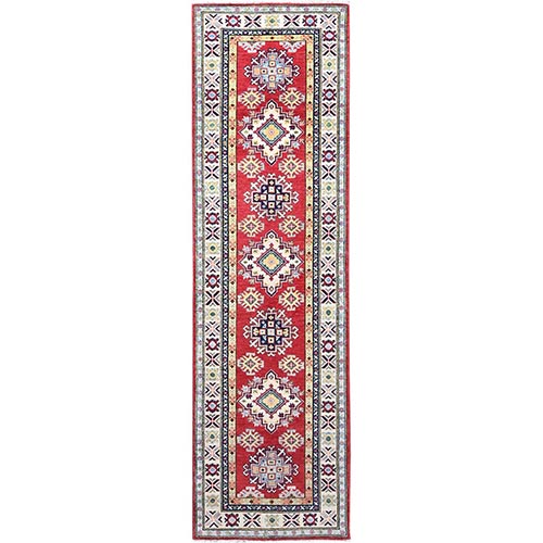 Fire Engine Red, Pure Wool Hand Knotted Afghan Kazak Geometric Motifs Pattern All Over, Densely Woven Oriental Runner Rug